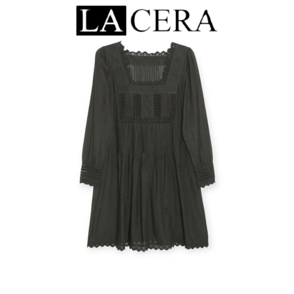 La Cera Black Lace Yoke Boho Mini Dress Long Sleeve Rayon Cotton Size L